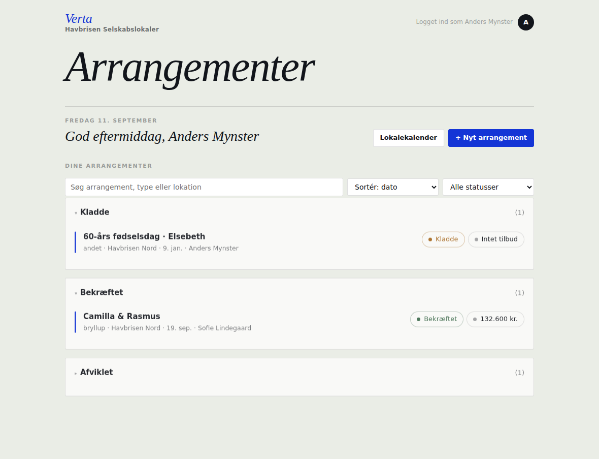 Koordinatorens forside med kun egne arrangementer, adskilt fra resten af organisationen